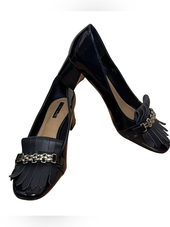 Tahari Shoes - Tahari Mary Navy Patent Loafer Pumps Block Heel Fringe Chain Detail Size 8
